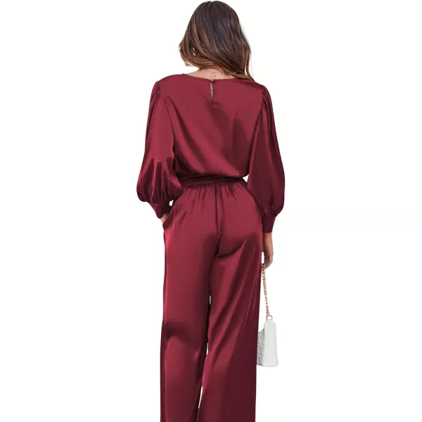 Ekouaer Womens Silk Satin Pajama Set Long Sleeve Crop Top Wide Leg Pant 2 Piece Loungewear with Pocket OutfitsWine Red