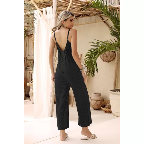 Ekouaer Womens Sleeveless Jumpsuits Ribbed Adjustable Spaghetti Strap Loose Long Pants Romper Jumpsuit with Pockets 2024Ablack