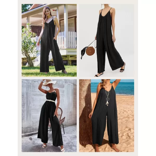 Ekouaer Womens Sleeveless Jumpsuits Ribbed Adjustable Spaghetti Strap Loose Long Pants Romper Jumpsuit with Pockets 2024Ablack