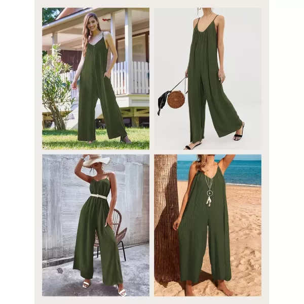 Ekouaer Womens Sleeveless Jumpsuits Ribbed Adjustable Spaghetti Strap Loose Long Pants Romper Jumpsuit with Pockets 2024Army Green