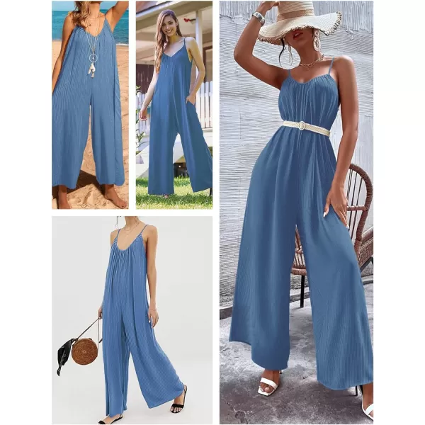 Ekouaer Womens Sleeveless Jumpsuits Ribbed Adjustable Spaghetti Strap Loose Long Pants Romper Jumpsuit with Pockets 2024Blue