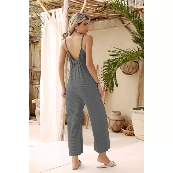 Ekouaer Womens Sleeveless Jumpsuits Ribbed Adjustable Spaghetti Strap Loose Long Pants Romper Jumpsuit with Pockets 2024Dark Grey