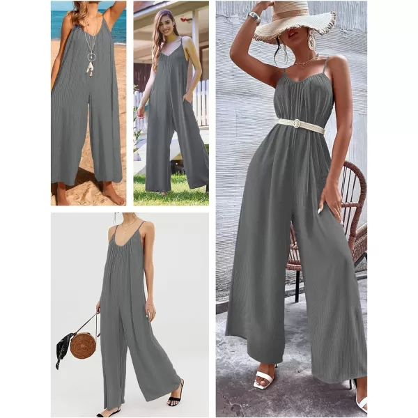 Ekouaer Womens Sleeveless Jumpsuits Ribbed Adjustable Spaghetti Strap Loose Long Pants Romper Jumpsuit with Pockets 2024Dark Grey