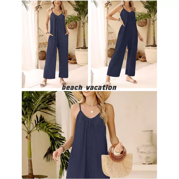 Ekouaer Womens Sleeveless Jumpsuits Ribbed Adjustable Spaghetti Strap Loose Long Pants Romper Jumpsuit with Pockets 2024Navy