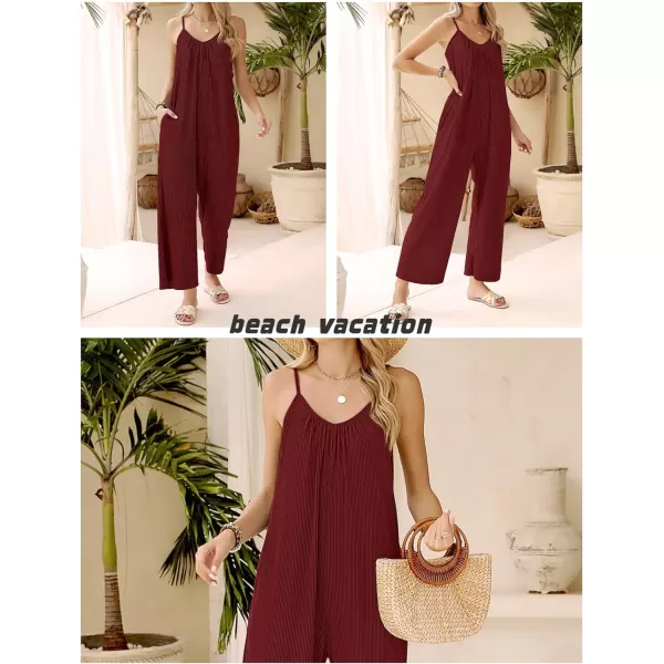 Ekouaer Womens Sleeveless Jumpsuits Ribbed Adjustable Spaghetti Strap Loose Long Pants Romper Jumpsuit with Pockets 2024Wine Red