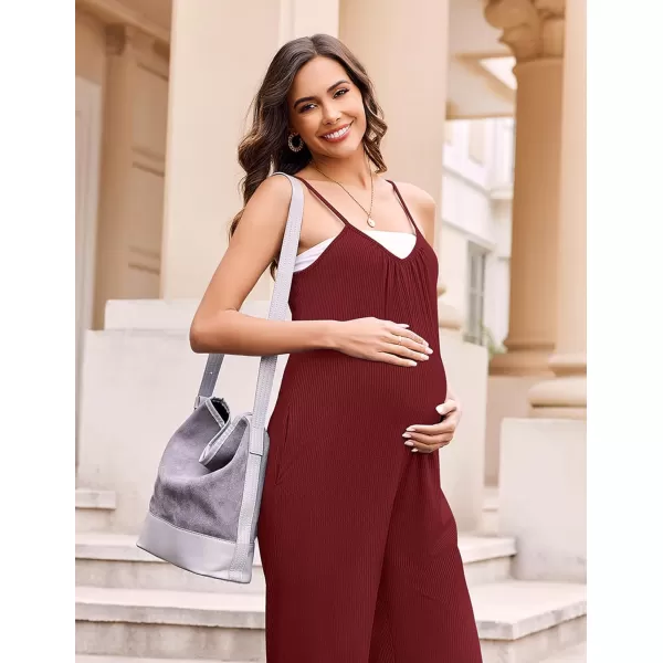 Ekouaer Womens Sleeveless Jumpsuits Ribbed Adjustable Spaghetti Strap Loose Long Pants Romper Jumpsuit with Pockets 2024Wine Red