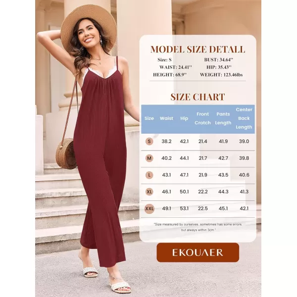 Ekouaer Womens Sleeveless Jumpsuits Ribbed Adjustable Spaghetti Strap Loose Long Pants Romper Jumpsuit with Pockets 2024Wine Red