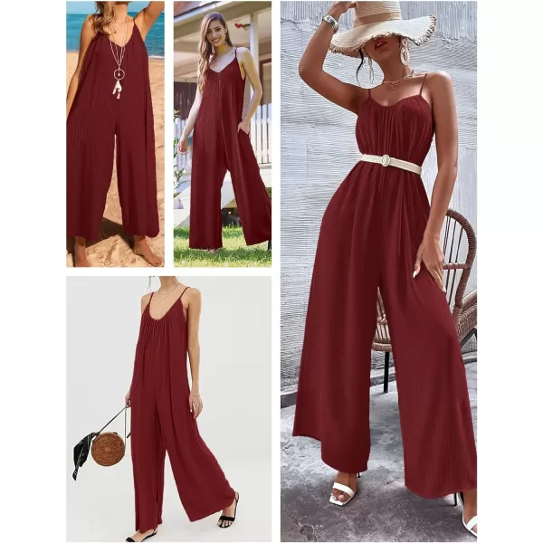 Ekouaer Womens Sleeveless Jumpsuits Ribbed Adjustable Spaghetti Strap Loose Long Pants Romper Jumpsuit with Pockets 2024Wine Red