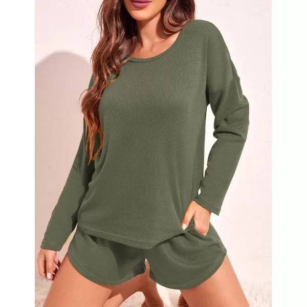 Ekouaer Womens Waffle Knit Pajama Sets Long Sleeve Top and Shorts Matching Lounge Set Loungewear Sweatsuit with PocketsArmy Green