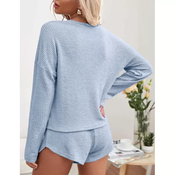 Ekouaer Womens Waffle Knit Pajama Sets Long Sleeve Top and Shorts Matching Lounge Set Loungewear Sweatsuit with PocketsBaby Blue