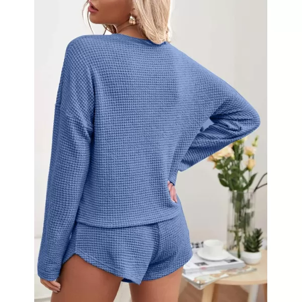 Ekouaer Womens Waffle Knit Pajama Sets Long Sleeve Top and Shorts Matching Lounge Set Loungewear Sweatsuit with PocketsBlue