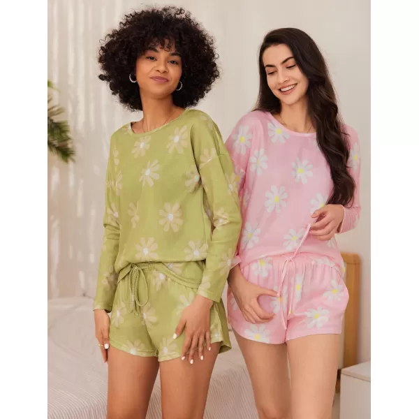 Ekouaer Womens Waffle Knit Pajama Sets Long Sleeve Top and Shorts Matching Lounge Set Loungewear Sweatsuit with PocketsGreen Flower