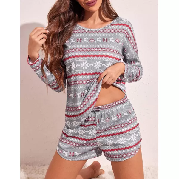 Ekouaer Womens Waffle Knit Pajama Sets Long Sleeve Top and Shorts Matching Lounge Set Loungewear Sweatsuit with PocketsGrey Christmas Pattern