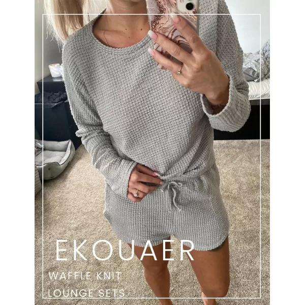 Ekouaer Womens Waffle Knit Pajama Sets Long Sleeve Top and Shorts Matching Lounge Set Loungewear Sweatsuit with PocketsLight Grey