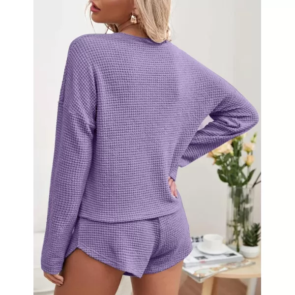 Ekouaer Womens Waffle Knit Pajama Sets Long Sleeve Top and Shorts Matching Lounge Set Loungewear Sweatsuit with PocketsLilac