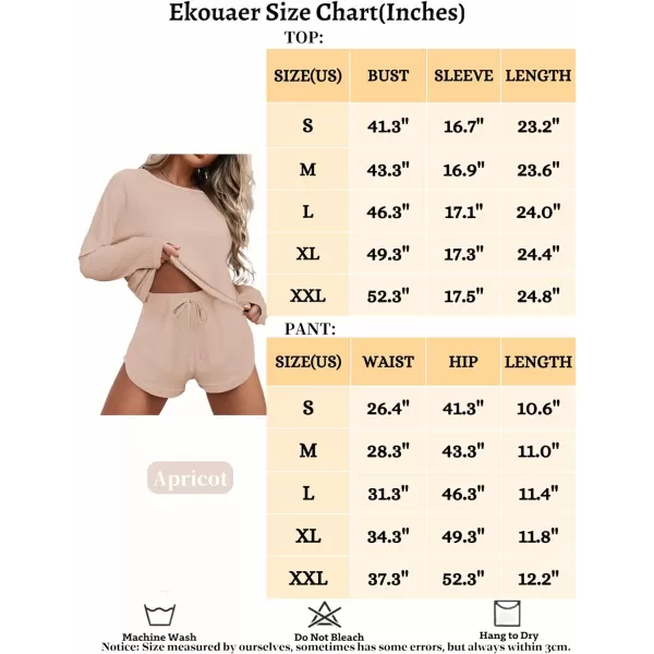 Ekouaer Womens Waffle Knit Pajama Sets Long Sleeve Top and Shorts Matching Lounge Set Loungewear Sweatsuit with PocketsMini Waffleapricot