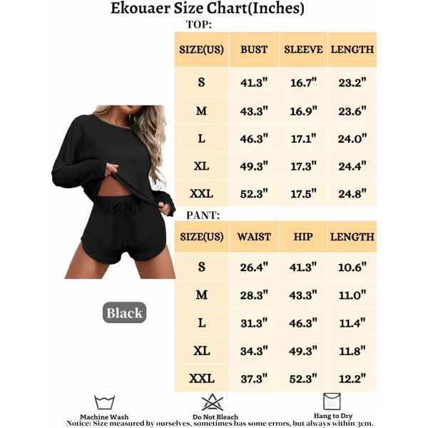 Ekouaer Womens Waffle Knit Pajama Sets Long Sleeve Top and Shorts Matching Lounge Set Loungewear Sweatsuit with PocketsMini Waffleblack