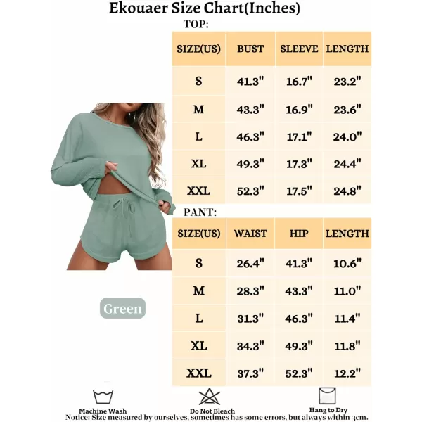 Ekouaer Womens Waffle Knit Pajama Sets Long Sleeve Top and Shorts Matching Lounge Set Loungewear Sweatsuit with PocketsMini Wafflegreen