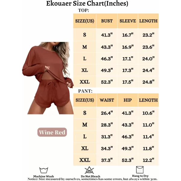 Ekouaer Womens Waffle Knit Pajama Sets Long Sleeve Top and Shorts Matching Lounge Set Loungewear Sweatsuit with PocketsMini Wafflewine Red