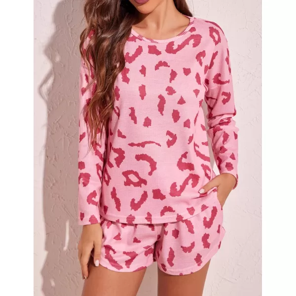 Ekouaer Womens Waffle Knit Pajama Sets Long Sleeve Top and Shorts Matching Lounge Set Loungewear Sweatsuit with PocketsPink Leopard