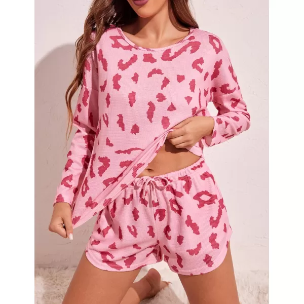 Ekouaer Womens Waffle Knit Pajama Sets Long Sleeve Top and Shorts Matching Lounge Set Loungewear Sweatsuit with PocketsPink Leopard