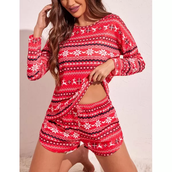 Ekouaer Womens Waffle Knit Pajama Sets Long Sleeve Top and Shorts Matching Lounge Set Loungewear Sweatsuit with PocketsRed Christmas Pattern