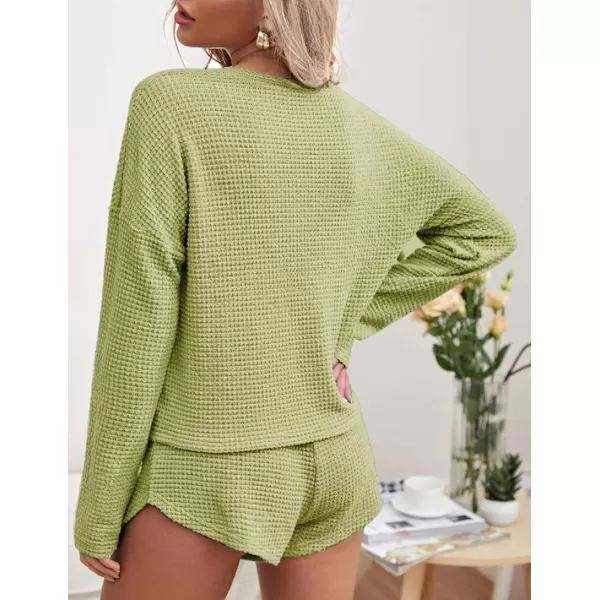 Ekouaer Womens Waffle Knit Pajama Sets Long Sleeve Top and Shorts Matching Lounge Set Loungewear Sweatsuit with PocketsYellow Green