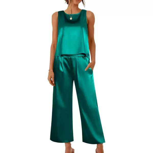 Ekoauer Womens Silk Satin Pajama 2 Piece Outfits Sleeveless Tank Crop Top and Wide Leg Pants Set with PocketsBlue Green