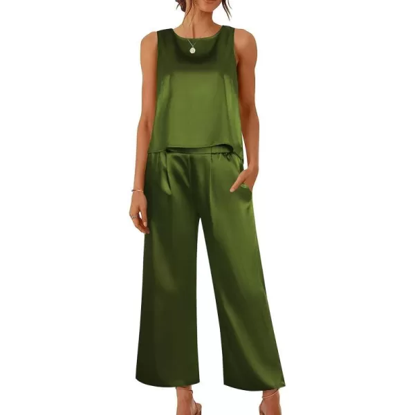 Ekoauer Womens Silk Satin Pajama 2 Piece Outfits Sleeveless Tank Crop Top and Wide Leg Pants Set with PocketsDeep Green