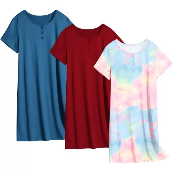 Ekouaer 3 Pack Nightgowns for Women Sleepwear Short Sleeve Sleep Shirts Tee PlainPrint Nightshirt Button Sleep DressSet 1