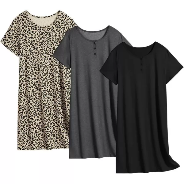 Ekouaer 3 Pack Nightgowns for Women Sleepwear Short Sleeve Sleep Shirts Tee PlainPrint Nightshirt Button Sleep DressSet 2