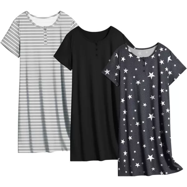 Ekouaer 3 Pack Nightgowns for Women Sleepwear Short Sleeve Sleep Shirts Tee PlainPrint Nightshirt Button Sleep DressSet 3