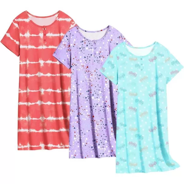 Ekouaer 3 Pack Nightgowns for Women Sleepwear Short Sleeve Sleep Shirts Tee PlainPrint Nightshirt Button Sleep DressSet 4