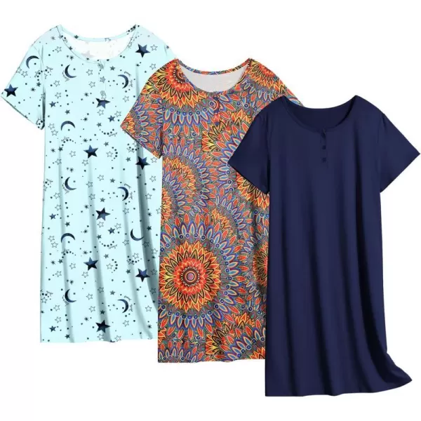 Ekouaer 3 Pack Nightgowns for Women Sleepwear Short Sleeve Sleep Shirts Tee PlainPrint Nightshirt Button Sleep DressSet 5