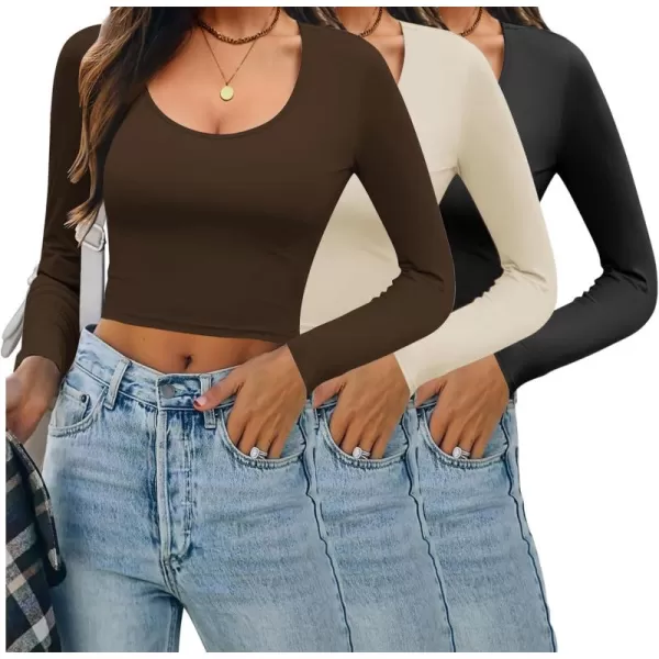 Ekouaer 3 Piece Long Sleeve Crop Tops for Women Scroop Neck Base Layer Basic Thermal Undershirts SXXLBlackBeigeBrown