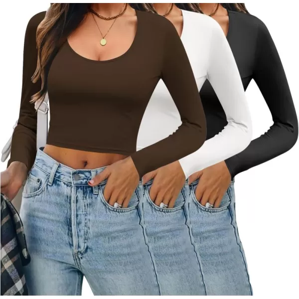 Ekouaer 3 Piece Long Sleeve Crop Tops for Women Scroop Neck Base Layer Basic Thermal Undershirts SXXLBlackWhiteBrown