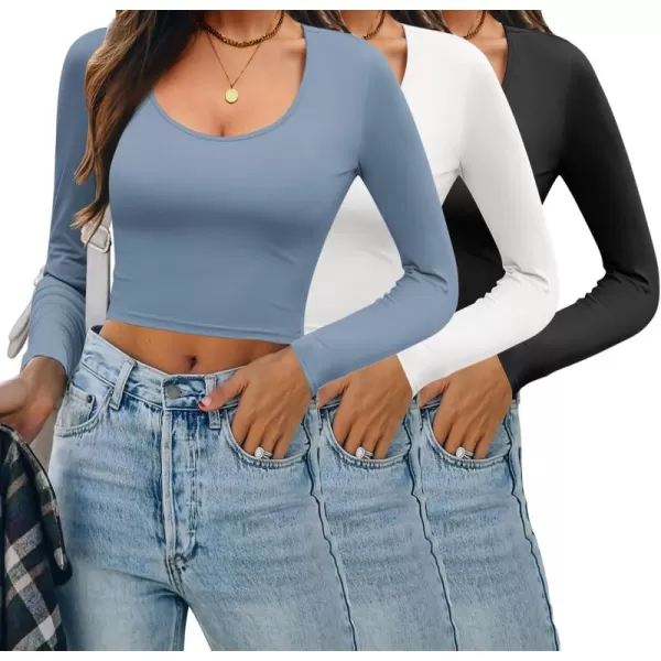 Ekouaer 3 Piece Long Sleeve Crop Tops for Women Scroop Neck Base Layer Basic Thermal Undershirts SXXLBlackWhiteHaze Blue