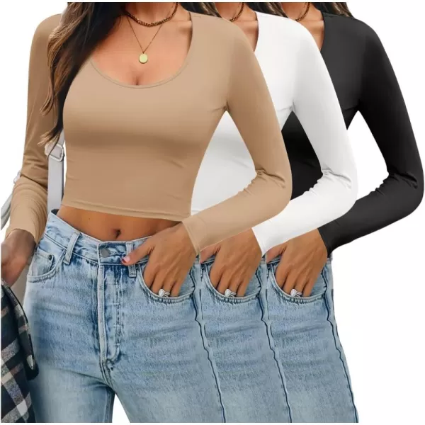 Ekouaer 3 Piece Long Sleeve Crop Tops for Women Scroop Neck Base Layer Basic Thermal Undershirts SXXLBlackWhiteKhaki