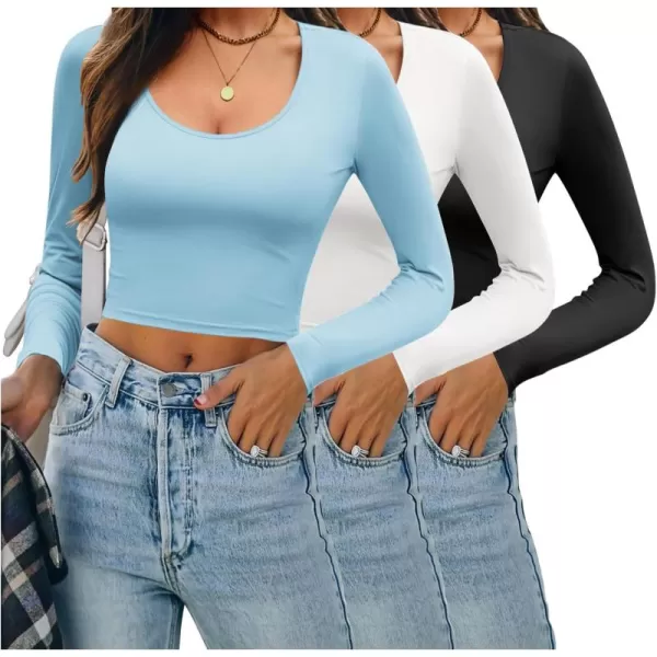 Ekouaer 3 Piece Long Sleeve Crop Tops for Women Scroop Neck Base Layer Basic Thermal Undershirts SXXLBlackWhiteLight Blue