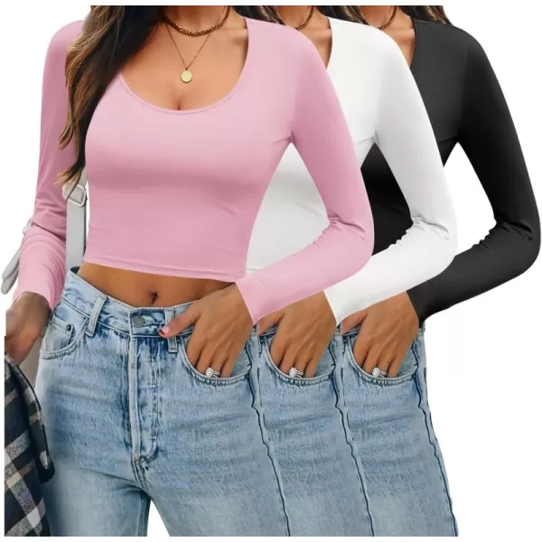 Ekouaer 3 Piece Long Sleeve Crop Tops for Women Scroop Neck Base Layer Basic Thermal Undershirts SXXLBlackWhitePink