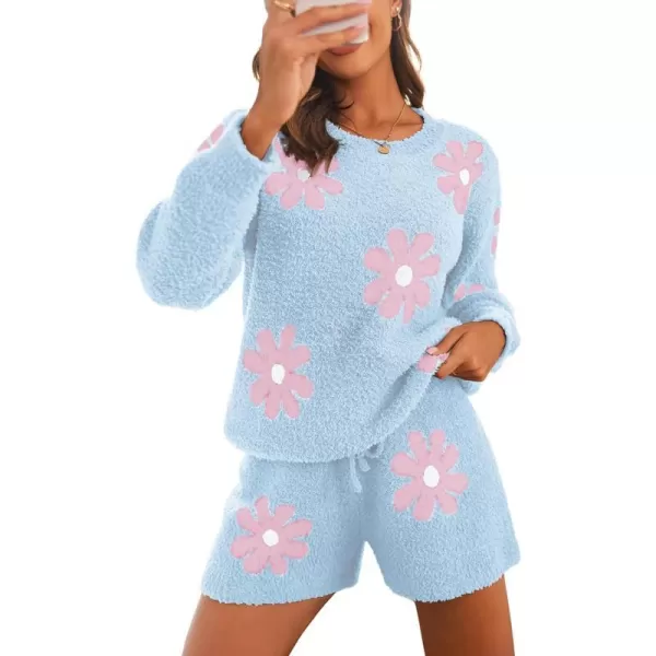 Ekouaer Fuzzy Fleece Pajamas 2 Piece Warm Soft Lounge Set Long Sleeve Sweater Top and Shorts Loungewear Outfits SweatsuitsBlue Flowers