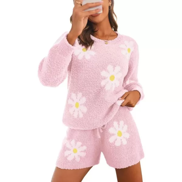 Ekouaer Fuzzy Fleece Pajamas 2 Piece Warm Soft Lounge Set Long Sleeve Sweater Top and Shorts Loungewear Outfits SweatsuitsPink Flowers