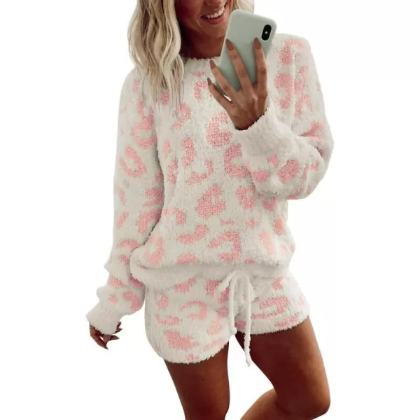 Ekouaer Fuzzy Fleece Pajamas 2 Piece Warm Soft Lounge Set Long Sleeve Sweater Top and Shorts Loungewear Outfits SweatsuitsPink Leopard