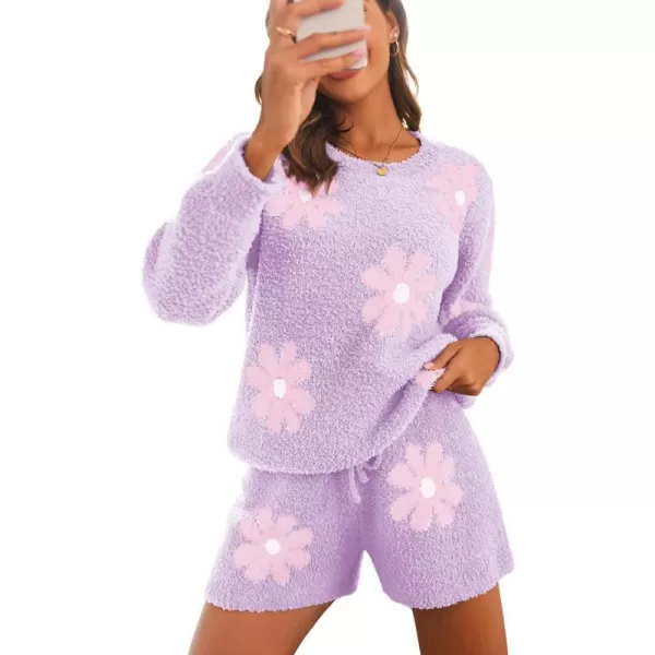 Ekouaer Fuzzy Fleece Pajamas 2 Piece Warm Soft Lounge Set Long Sleeve Sweater Top and Shorts Loungewear Outfits SweatsuitsPurple Flowers