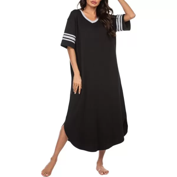 Ekouaer Long Nightgown Womens V Neck Loungewear Oversized Sleepwear Loose Sleep Dress S4XLBlack