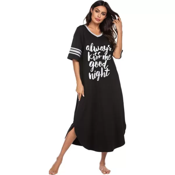 Ekouaer Long Nightgown Womens V Neck Loungewear Oversized Sleepwear Loose Sleep Dress S4XLBlackalways Kiss Me