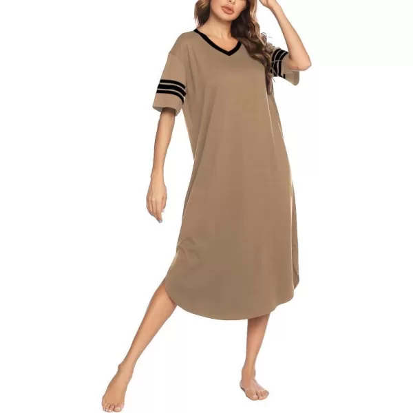 Ekouaer Long Nightgown Womens V Neck Loungewear Oversized Sleepwear Loose Sleep Dress S4XLBrown