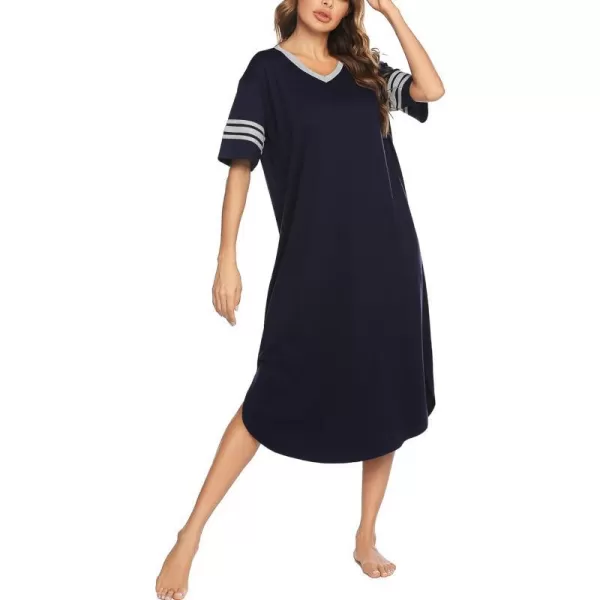 Ekouaer Long Nightgown Womens V Neck Loungewear Oversized Sleepwear Loose Sleep Dress S4XLDark Navy Blue