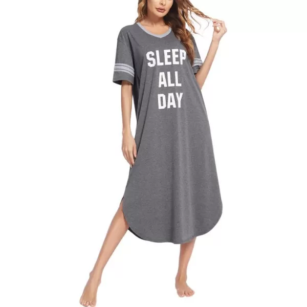 Ekouaer Long Nightgown Womens V Neck Loungewear Oversized Sleepwear Loose Sleep Dress S4XLGreysleep All Day