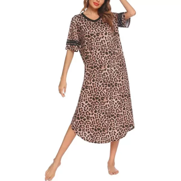 Ekouaer Long Nightgown Womens V Neck Loungewear Oversized Sleepwear Loose Sleep Dress S4XLLeopard Print